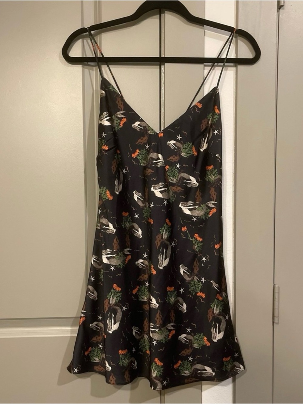 Zara Black Satin Slip Dress with Green & Orange Botanical Accents